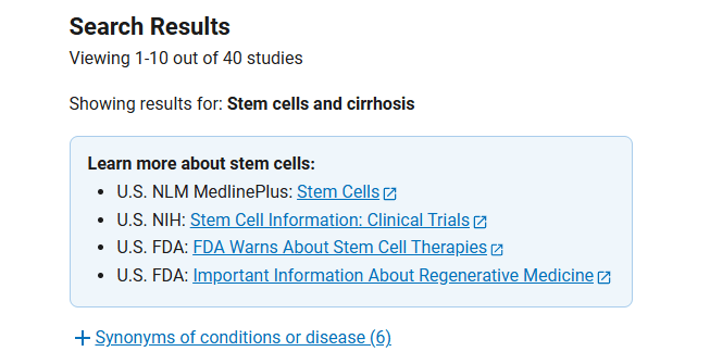 clinicaltrials.gov網(wǎng)站上注冊的有關(guān)干細(xì)胞治療肝硬化臨床研究項(xiàng)目有40項(xiàng) 